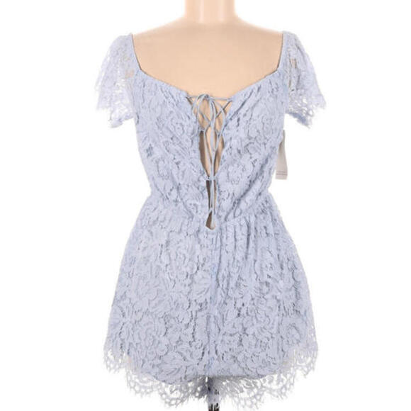 Tobi Pants - Womens Sky Blue Tobi Lace Ruffle romper off shoulder sleeves flutter Medium